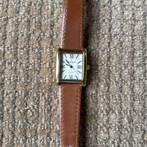 Women's 14K Gold Plated Tank Leather Dress Watch with Roman Numerals Dial